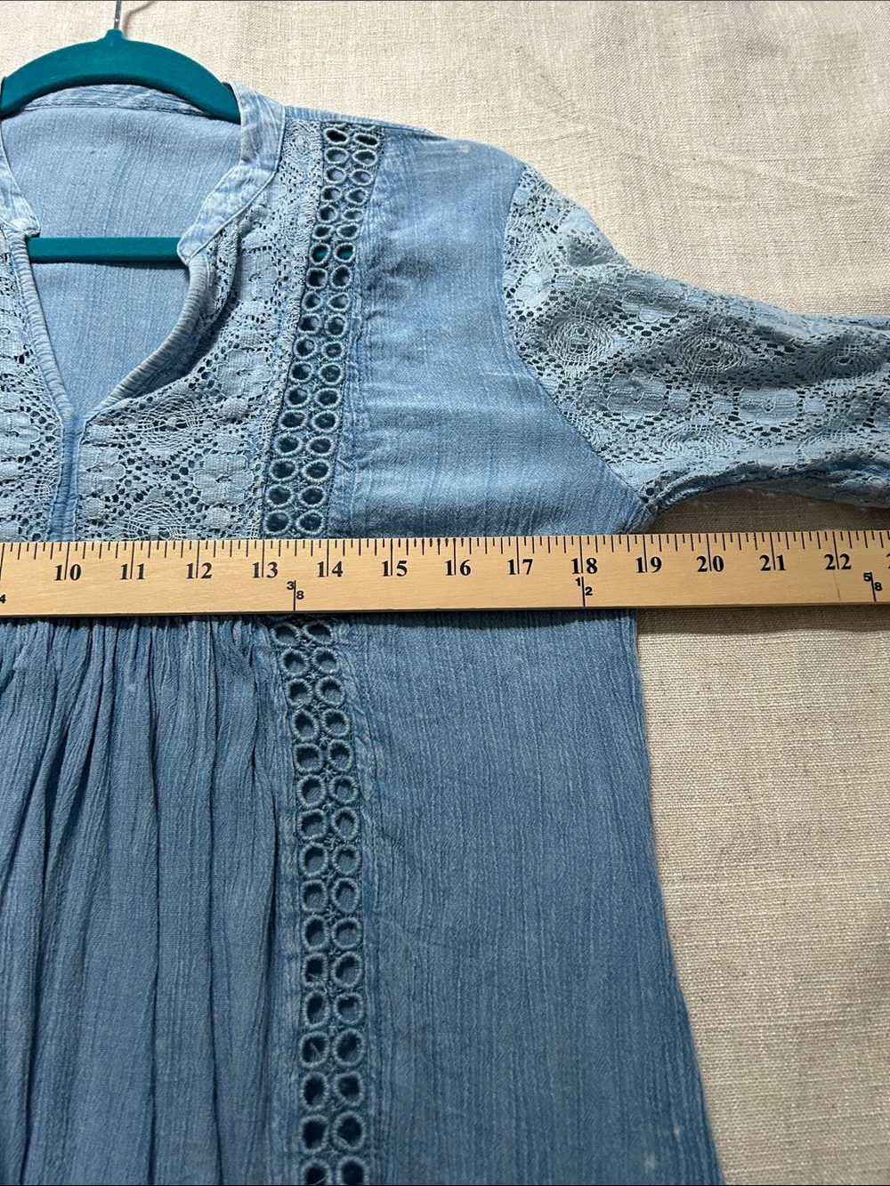 Boho Y2K Light Blue Lace-Trim Women's Peasant Top Eyelet Detail Cottagecore - Picture 7 of 12
